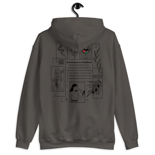 Humanity over Headlines Embroidery Unisex Hoodie – Palestine Supportive Heavy Blend Hoodie | Minimalist Embroidered Front + Meaningful Back Design (Sand, Charcoal, Military Green)