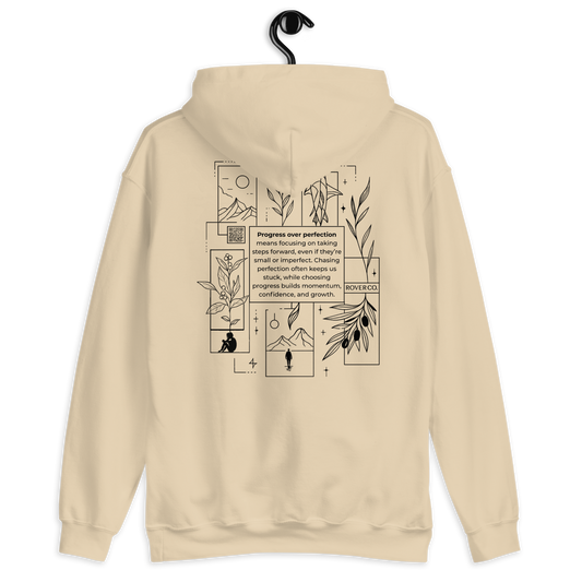 Progress Over Perfection Hoodie – Mental Health Supportive Unisex Heavy Blend Hoodie | Minimalist Embroidered Front + Meaningful Back Design (Sand, Charcoal, Military Green)