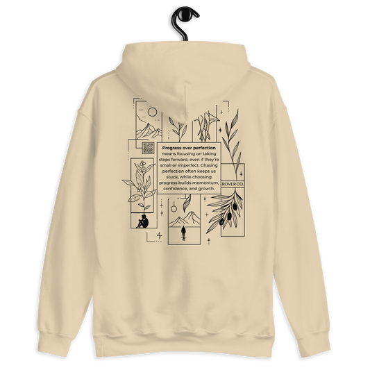 Progress Over Perfection Hoodie – Mental Health Supportive Unisex Heavy Blend Hoodie | Minimalist Embroidered Front + Meaningful Back Design (Sand, Charcoal, Military Green)