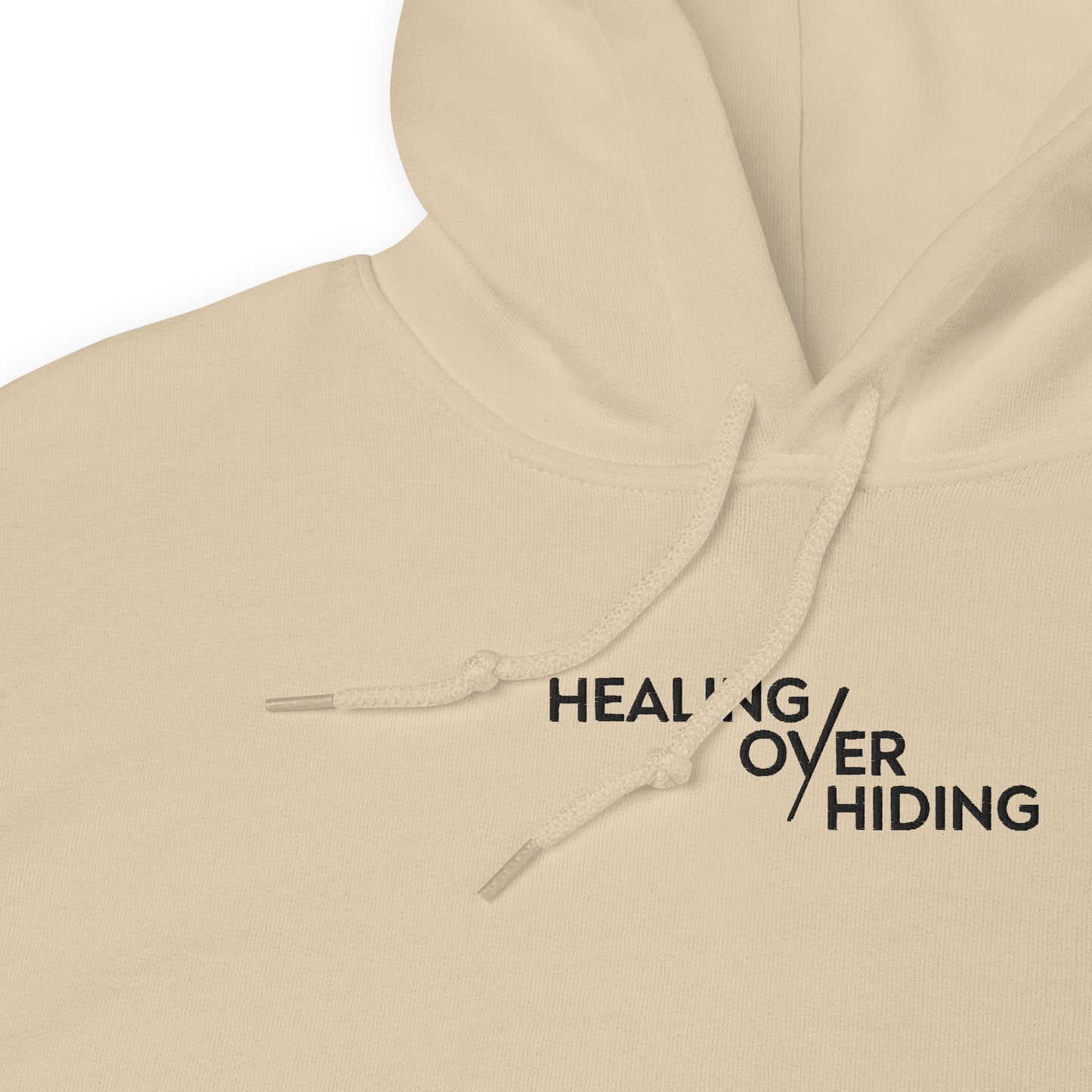 Healing Over Hiding Hoodie – Unisex Heavy Blend with Minimal Embroidery & Meaningful Back Design (Sand, Charcoal, Military Green)