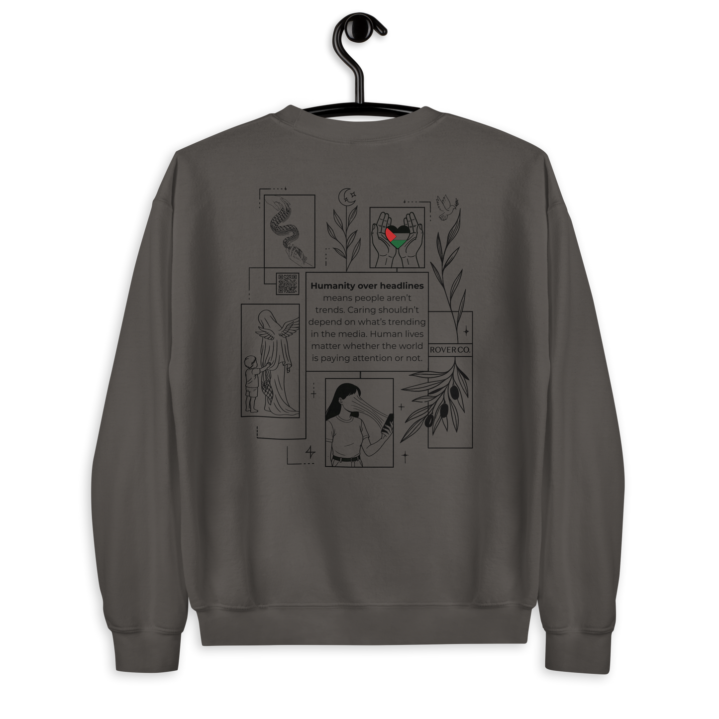 Humanity over Headlines Embroidery Unisex Sweatshirt |  Embroidered Palestine Crewneck | Anxiety, Trauma & Safety Support Sweatshirt (Gildan 18000)