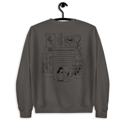 Humanity over Headlines Embroidery Unisex Sweatshirt |  Embroidered Palestine Crewneck | Anxiety, Trauma & Safety Support Sweatshirt (Gildan 18000)