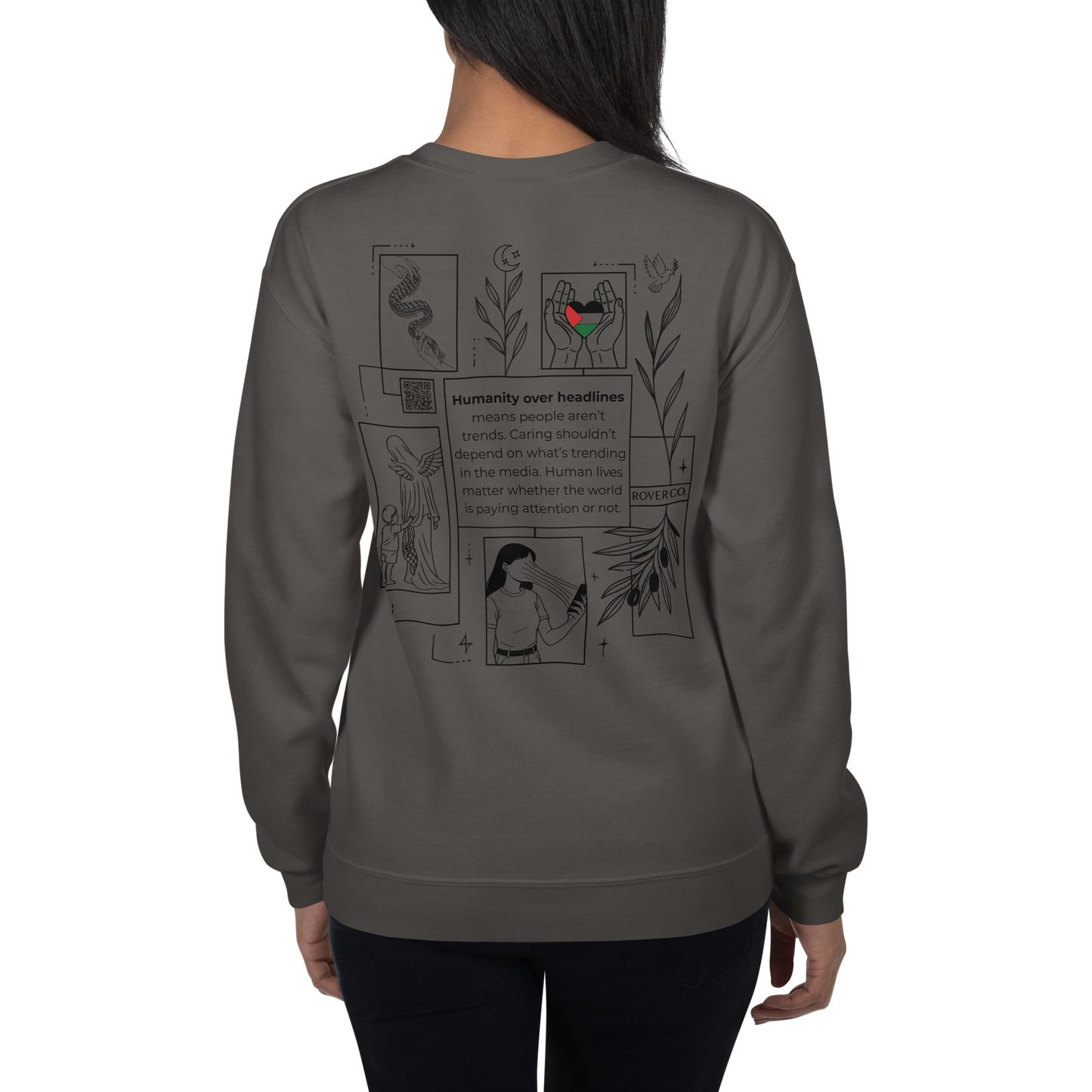 Humanity over Headlines Embroidery Unisex Sweatshirt |  Embroidered Palestine Crewneck | Anxiety, Trauma & Safety Support Sweatshirt (Gildan 18000)