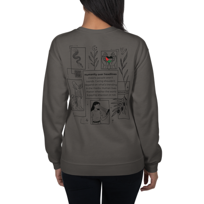 Humanity over Headlines Embroidery Unisex Sweatshirt |  Embroidered Palestine Crewneck | Anxiety, Trauma & Safety Support Sweatshirt (Gildan 18000)