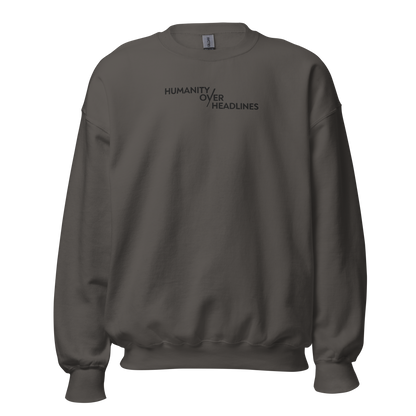 Humanity over Headlines Embroidery Unisex Sweatshirt |  Embroidered Palestine Crewneck | Anxiety, Trauma & Safety Support Sweatshirt (Gildan 18000)