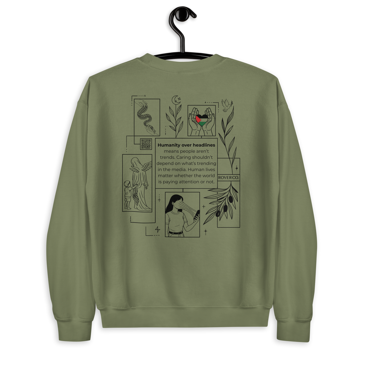 Humanity over Headlines Embroidery Unisex Sweatshirt |  Embroidered Palestine Crewneck | Anxiety, Trauma & Safety Support Sweatshirt (Gildan 18000)