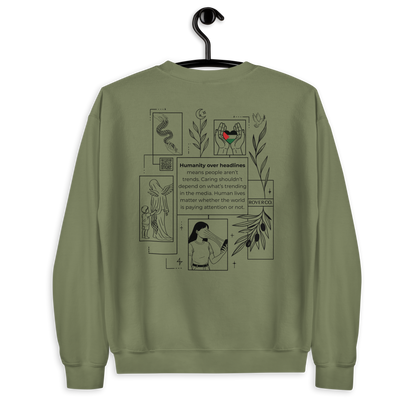Humanity over Headlines Embroidery Unisex Sweatshirt |  Embroidered Palestine Crewneck | Anxiety, Trauma & Safety Support Sweatshirt (Gildan 18000)