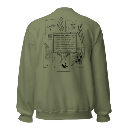 Healing Over Hiding Embroidered Mental Health Crewneck | Anxiety, Trauma & Self-Care Support Unisex Sweatshirt (Gildan 18000)