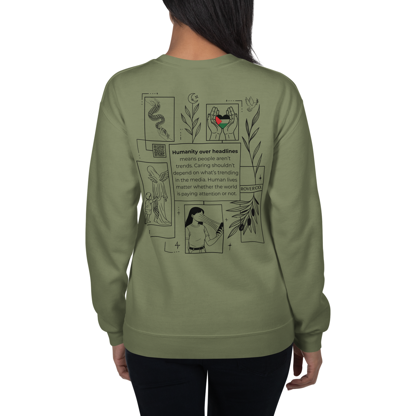 Humanity over Headlines Embroidery Unisex Sweatshirt |  Embroidered Palestine Crewneck | Anxiety, Trauma & Safety Support Sweatshirt (Gildan 18000)