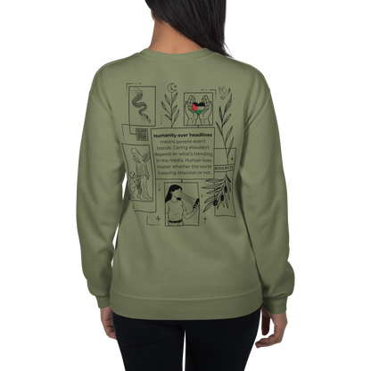 Humanity over Headlines Embroidery Unisex Sweatshirt |  Embroidered Palestine Crewneck | Anxiety, Trauma & Safety Support Sweatshirt (Gildan 18000)