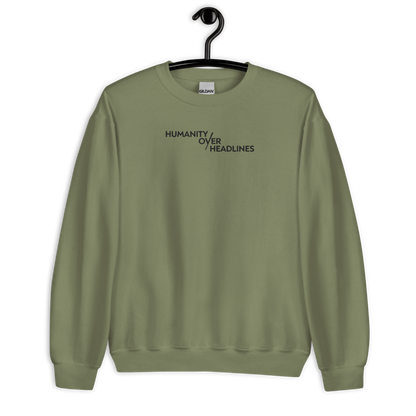 Humanity over Headlines Embroidery Unisex Sweatshirt |  Embroidered Palestine Crewneck | Anxiety, Trauma & Safety Support Sweatshirt (Gildan 18000)