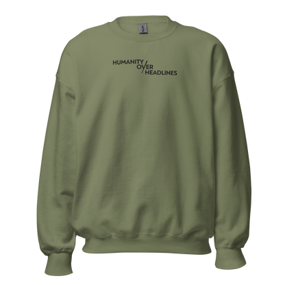 Humanity over Headlines Embroidery Unisex Sweatshirt |  Embroidered Palestine Crewneck | Anxiety, Trauma & Safety Support Sweatshirt (Gildan 18000)