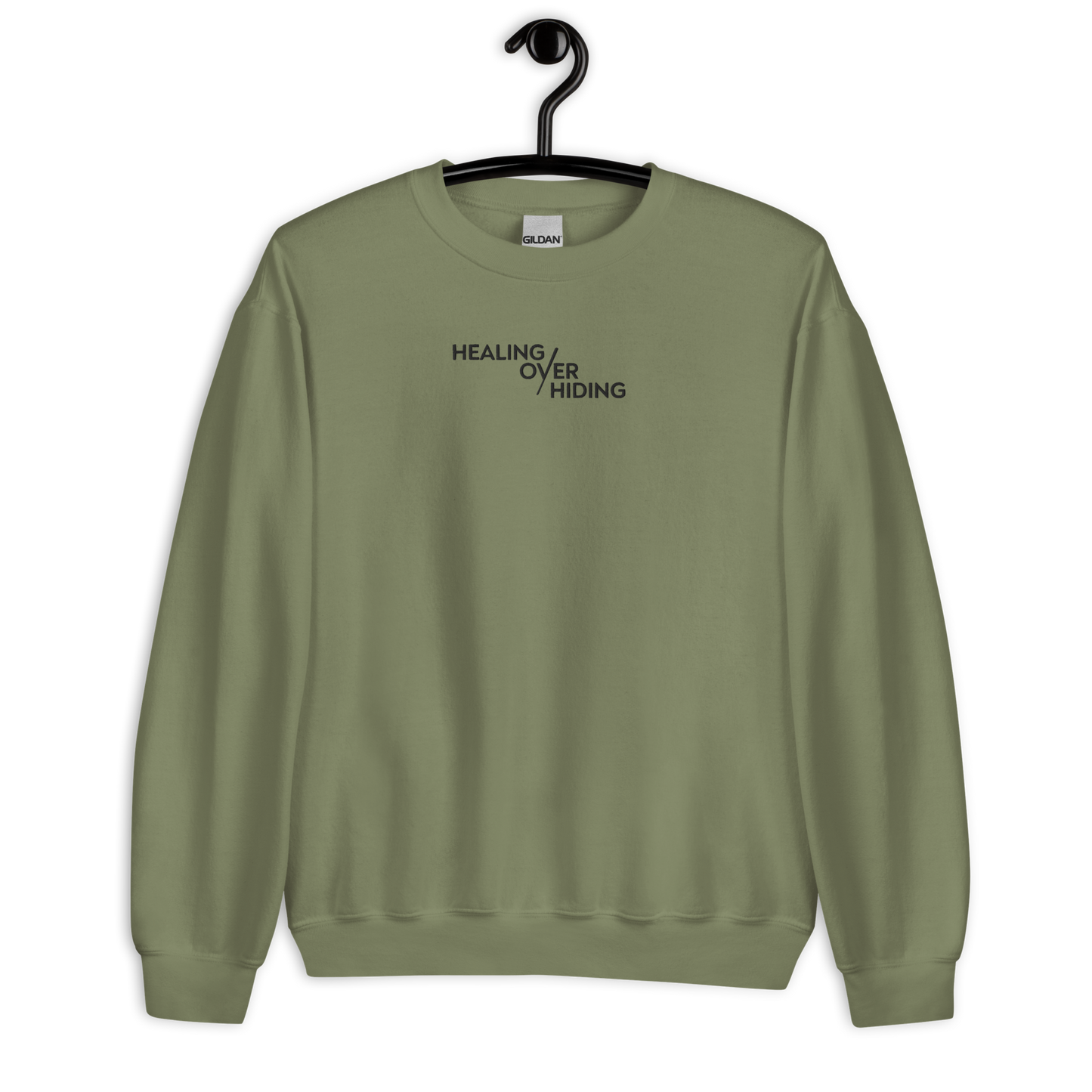 Healing Over Hiding Embroidered Mental Health Crewneck | Anxiety, Trauma & Self-Care Support Unisex Sweatshirt (Gildan 18000)