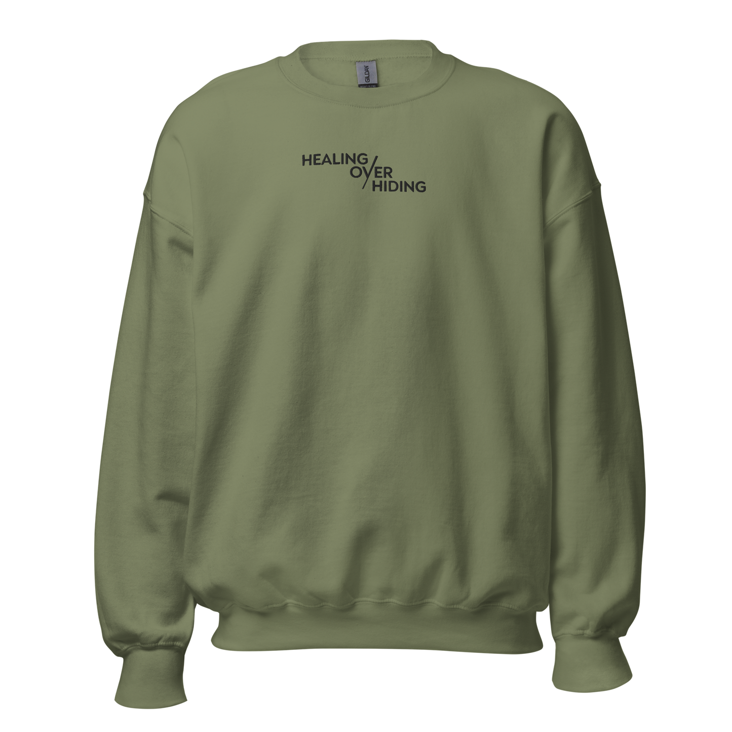 Healing Over Hiding Embroidered Mental Health Crewneck | Anxiety, Trauma & Self-Care Support Unisex Sweatshirt (Gildan 18000)