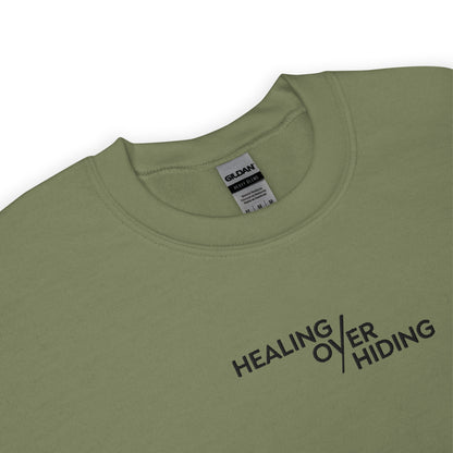 Healing Over Hiding Embroidered Mental Health Crewneck | Anxiety, Trauma & Self-Care Support Unisex Sweatshirt (Gildan 18000)