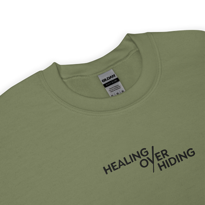 Healing Over Hiding Embroidered Mental Health Crewneck | Anxiety, Trauma & Self-Care Support Unisex Sweatshirt (Gildan 18000)