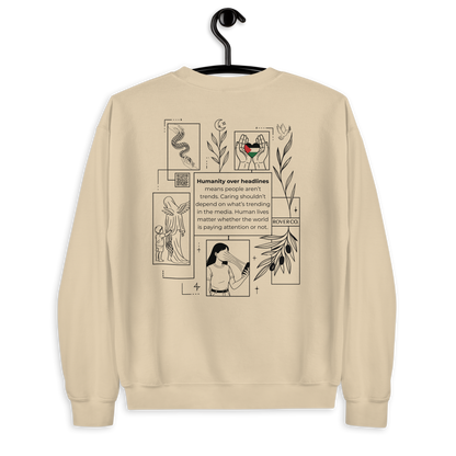 Humanity over Headlines Embroidery Unisex Sweatshirt |  Embroidered Palestine Crewneck | Anxiety, Trauma & Safety Support Sweatshirt (Gildan 18000)