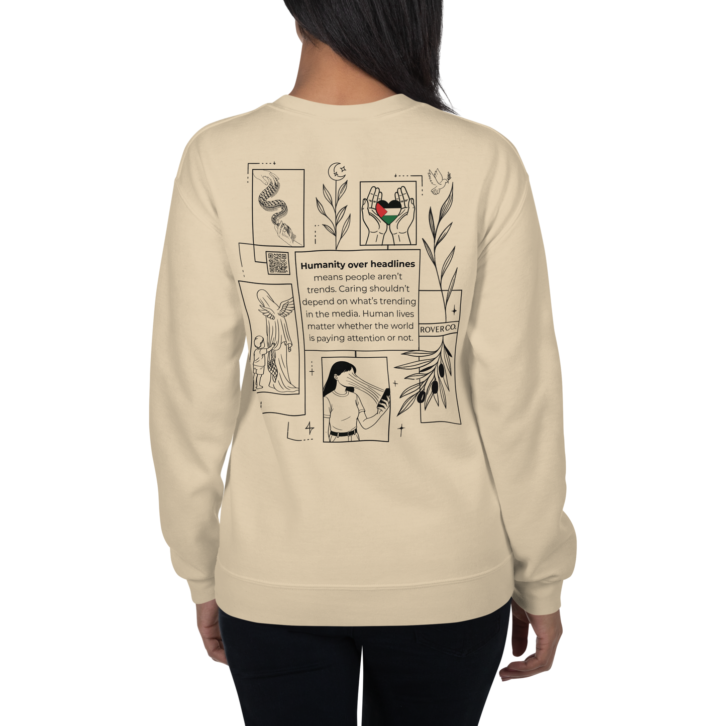 Humanity over Headlines Embroidery Unisex Sweatshirt |  Embroidered Palestine Crewneck | Anxiety, Trauma & Safety Support Sweatshirt (Gildan 18000)