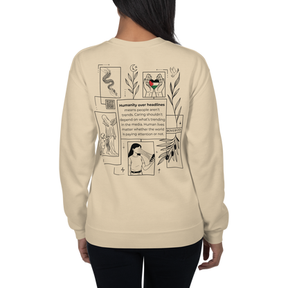 Humanity over Headlines Embroidery Unisex Sweatshirt |  Embroidered Palestine Crewneck | Anxiety, Trauma & Safety Support Sweatshirt (Gildan 18000)