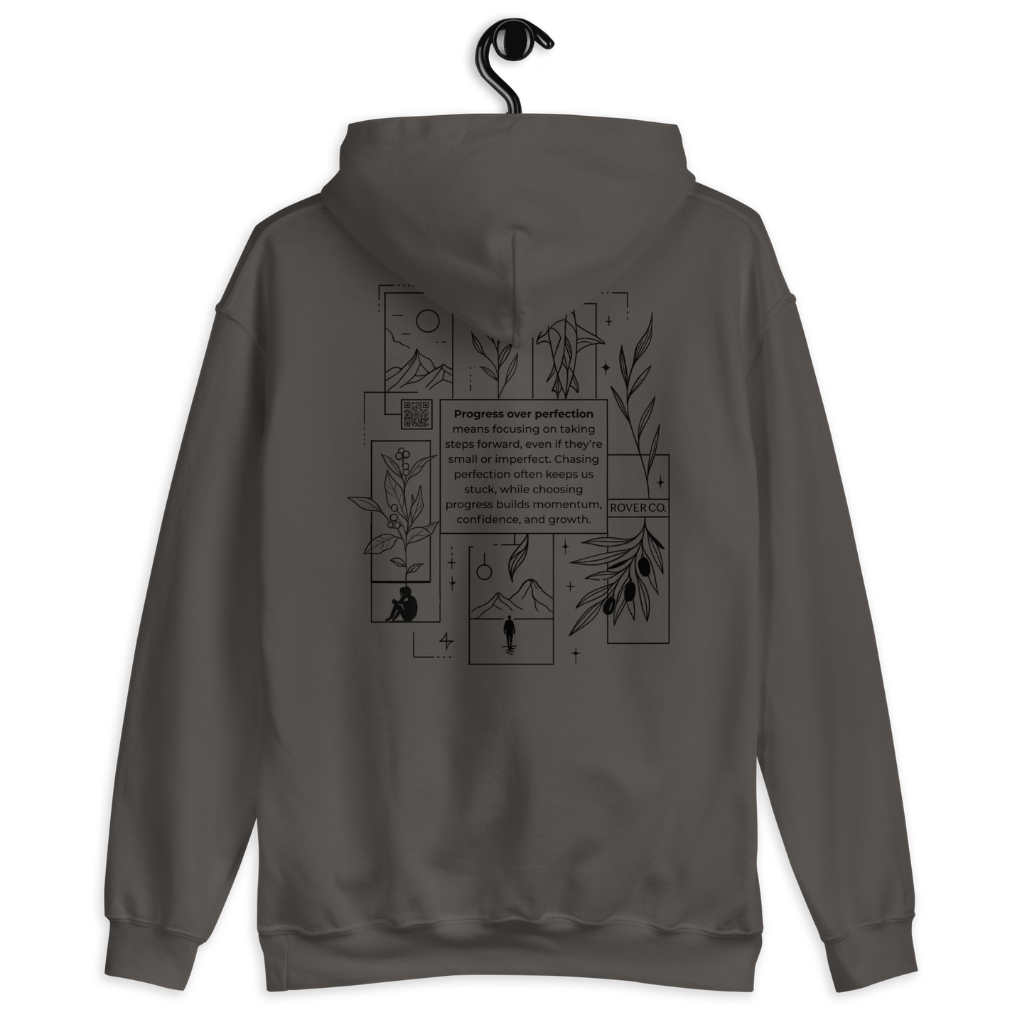 Progress Over Perfection Hoodie – Mental Health Supportive Unisex Heavy Blend Hoodie | Minimalist Embroidered Front + Meaningful Back Design (Sand, Charcoal, Military Green)