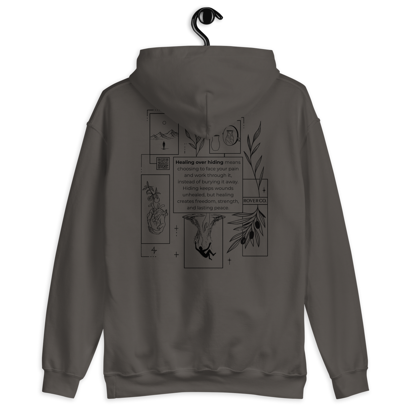 Healing Over Hiding Hoodie – Unisex Heavy Blend with Minimal Embroidery & Meaningful Back Design (Sand, Charcoal, Military Green)