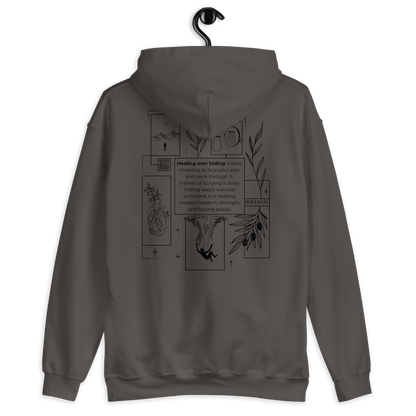 Healing Over Hiding Hoodie – Unisex Heavy Blend with Minimal Embroidery & Meaningful Back Design (Sand, Charcoal, Military Green)