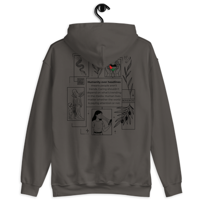 Humanity over Headlines Embroidery Unisex Hoodie – Palestine Supportive Heavy Blend Hoodie | Minimalist Embroidered Front + Meaningful Back Design (Sand, Charcoal, Military Green)