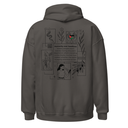 Humanity over Headlines Embroidery Unisex Hoodie – Palestine Supportive Heavy Blend Hoodie | Minimalist Embroidered Front + Meaningful Back Design (Sand, Charcoal, Military Green)