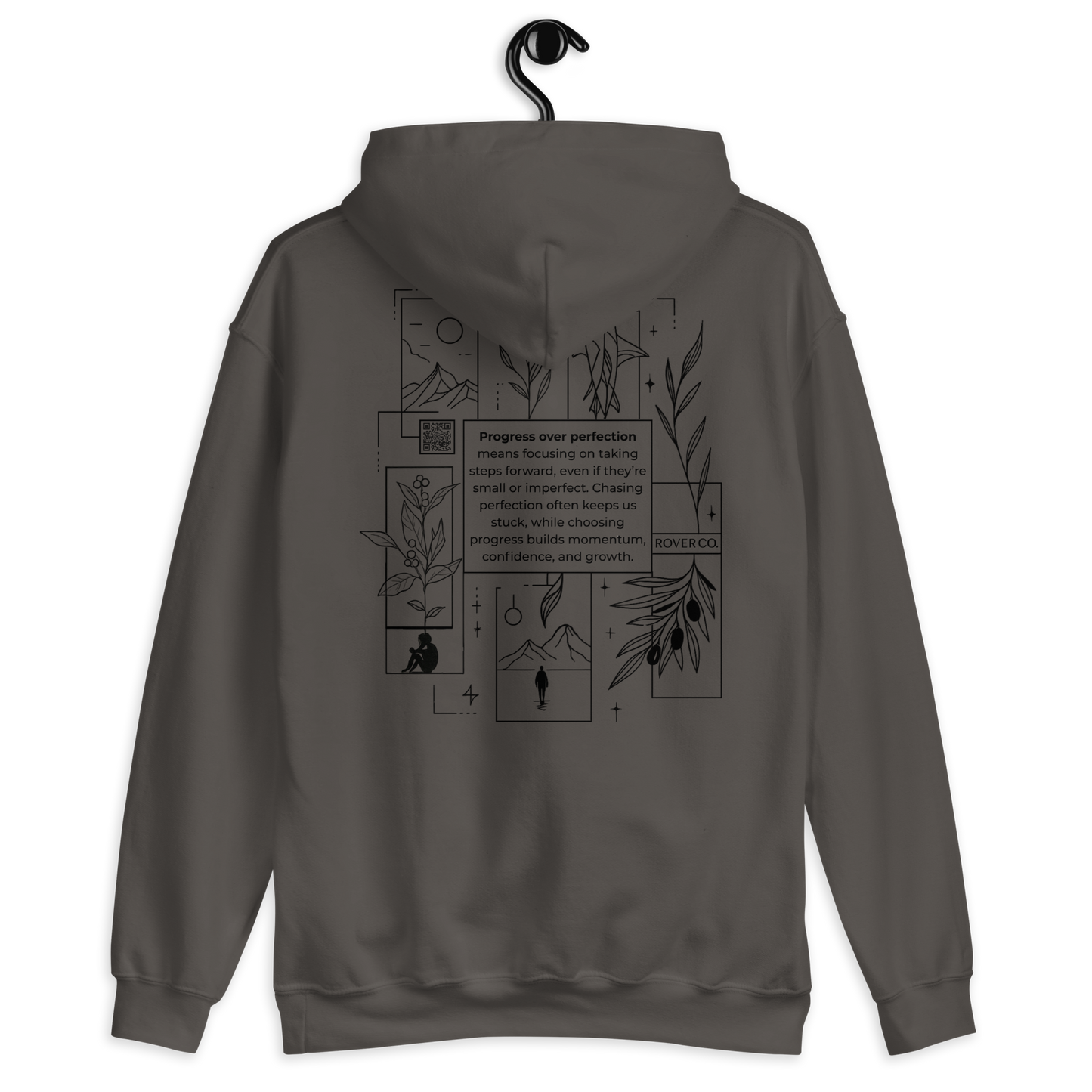 Progress Over Perfection Hoodie – Mental Health Supportive Unisex Heavy Blend Hoodie | Minimalist Embroidered Front + Meaningful Back Design (Sand, Charcoal, Military Green)