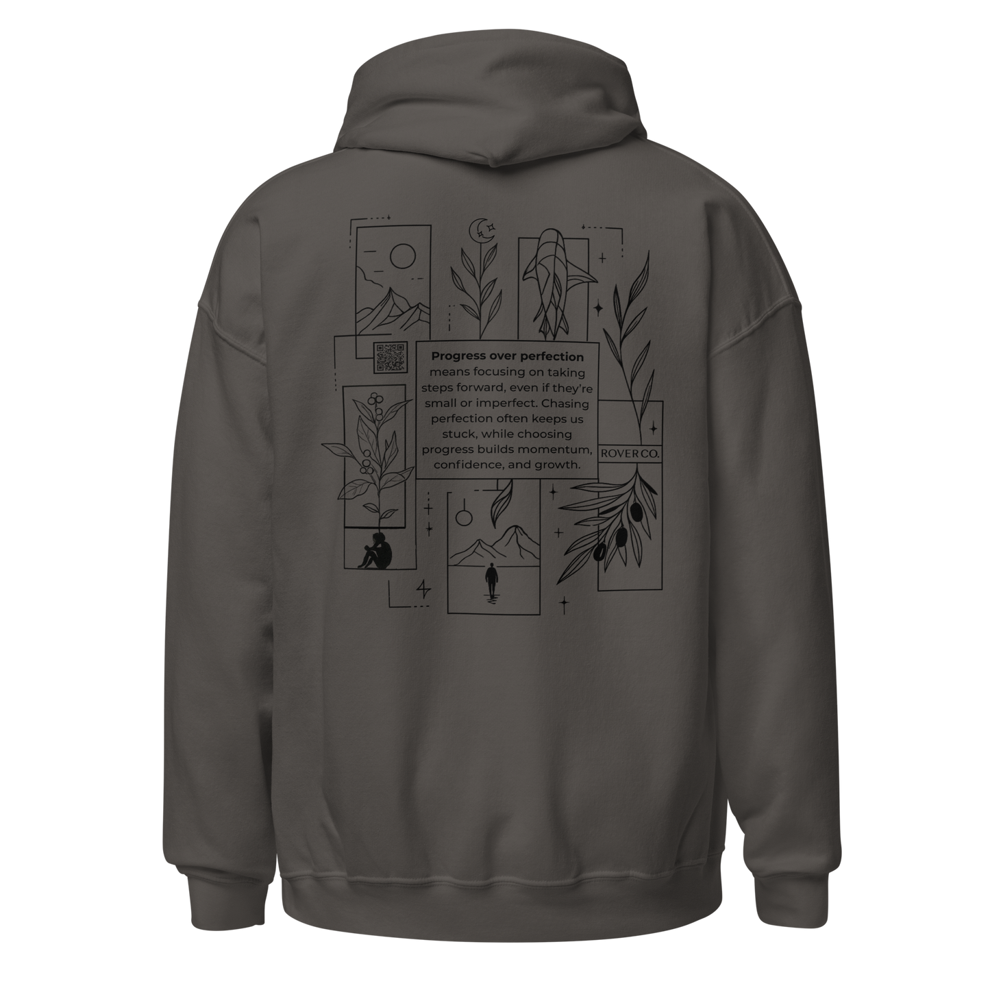Progress Over Perfection Hoodie – Mental Health Supportive Unisex Heavy Blend Hoodie | Minimalist Embroidered Front + Meaningful Back Design (Sand, Charcoal, Military Green)