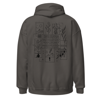 Progress Over Perfection Hoodie – Mental Health Supportive Unisex Heavy Blend Hoodie | Minimalist Embroidered Front + Meaningful Back Design (Sand, Charcoal, Military Green)