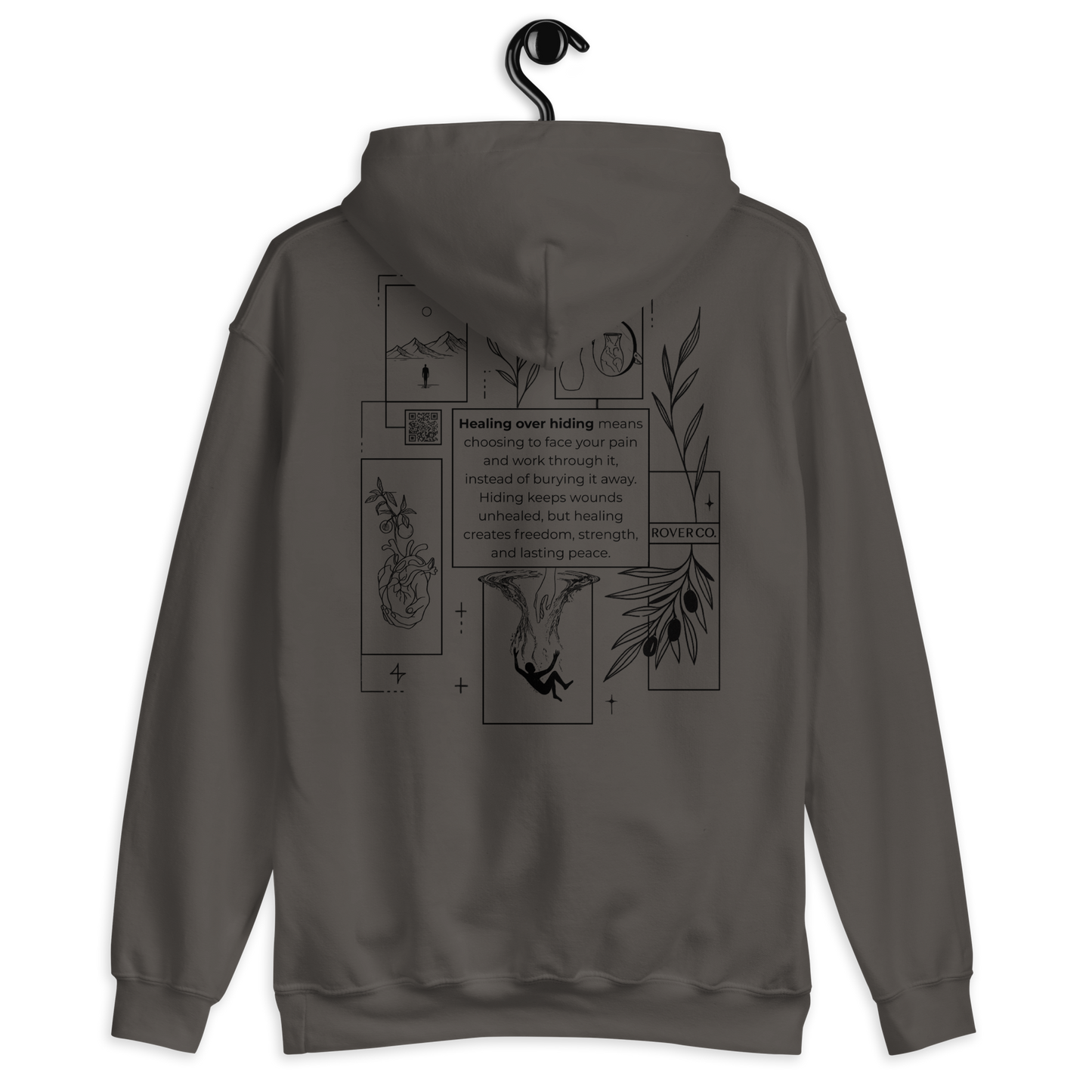 Healing Over Hiding Hoodie – Unisex Heavy Blend with Minimal Embroidery & Meaningful Back Design (Sand, Charcoal, Military Green)