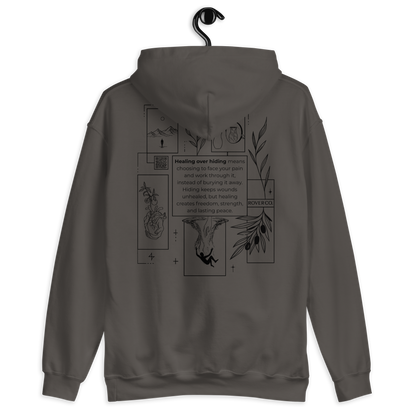 Healing Over Hiding Hoodie – Unisex Heavy Blend with Minimal Embroidery & Meaningful Back Design (Sand, Charcoal, Military Green)