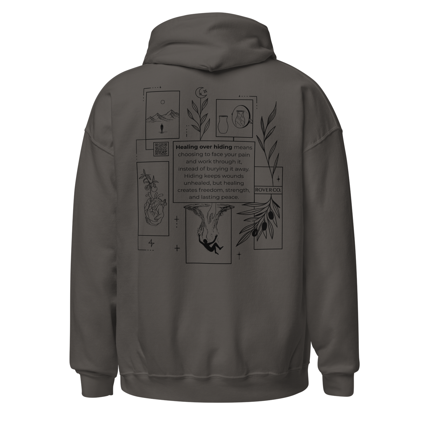 Healing Over Hiding Hoodie – Unisex Heavy Blend with Minimal Embroidery & Meaningful Back Design (Sand, Charcoal, Military Green)