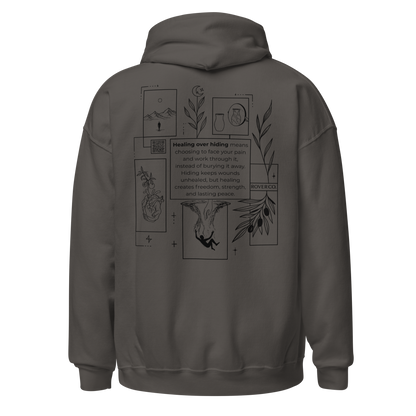 Healing Over Hiding Hoodie – Unisex Heavy Blend with Minimal Embroidery & Meaningful Back Design (Sand, Charcoal, Military Green)
