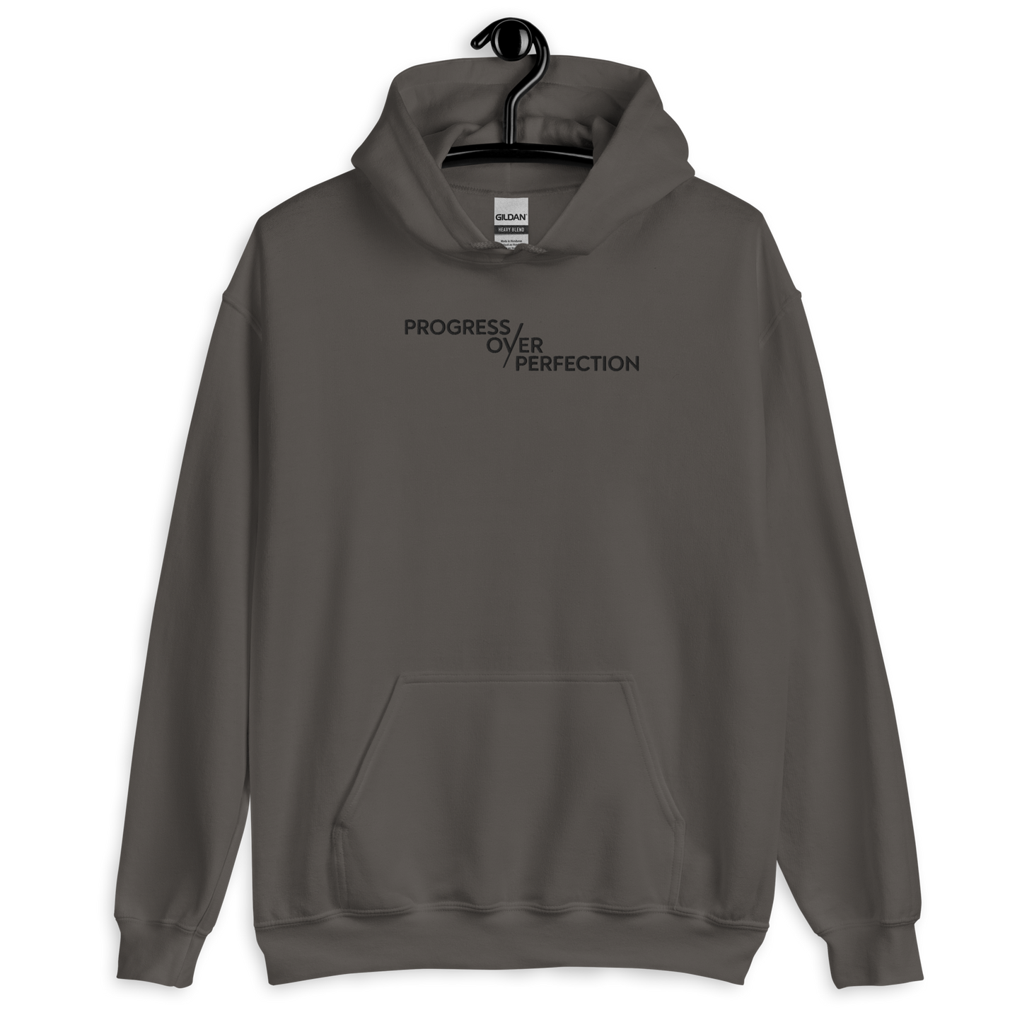 Progress Over Perfection Hoodie – Mental Health Supportive Unisex Heavy Blend Hoodie | Minimalist Embroidered Front + Meaningful Back Design (Sand, Charcoal, Military Green)