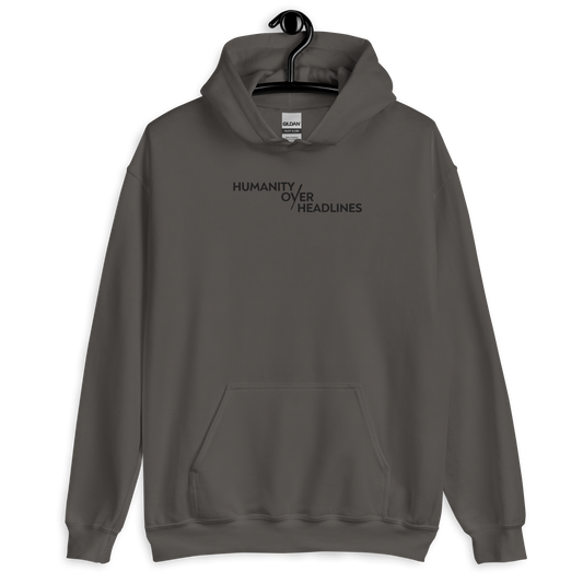 Humanity over Headlines Embroidery Unisex Hoodie – Palestine Supportive Heavy Blend Hoodie | Minimalist Embroidered Front + Meaningful Back Design (Sand, Charcoal, Military Green)