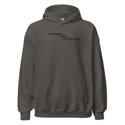 Progress Over Perfection Hoodie – Mental Health Supportive Unisex Heavy Blend Hoodie | Minimalist Embroidered Front + Meaningful Back Design (Sand, Charcoal, Military Green)