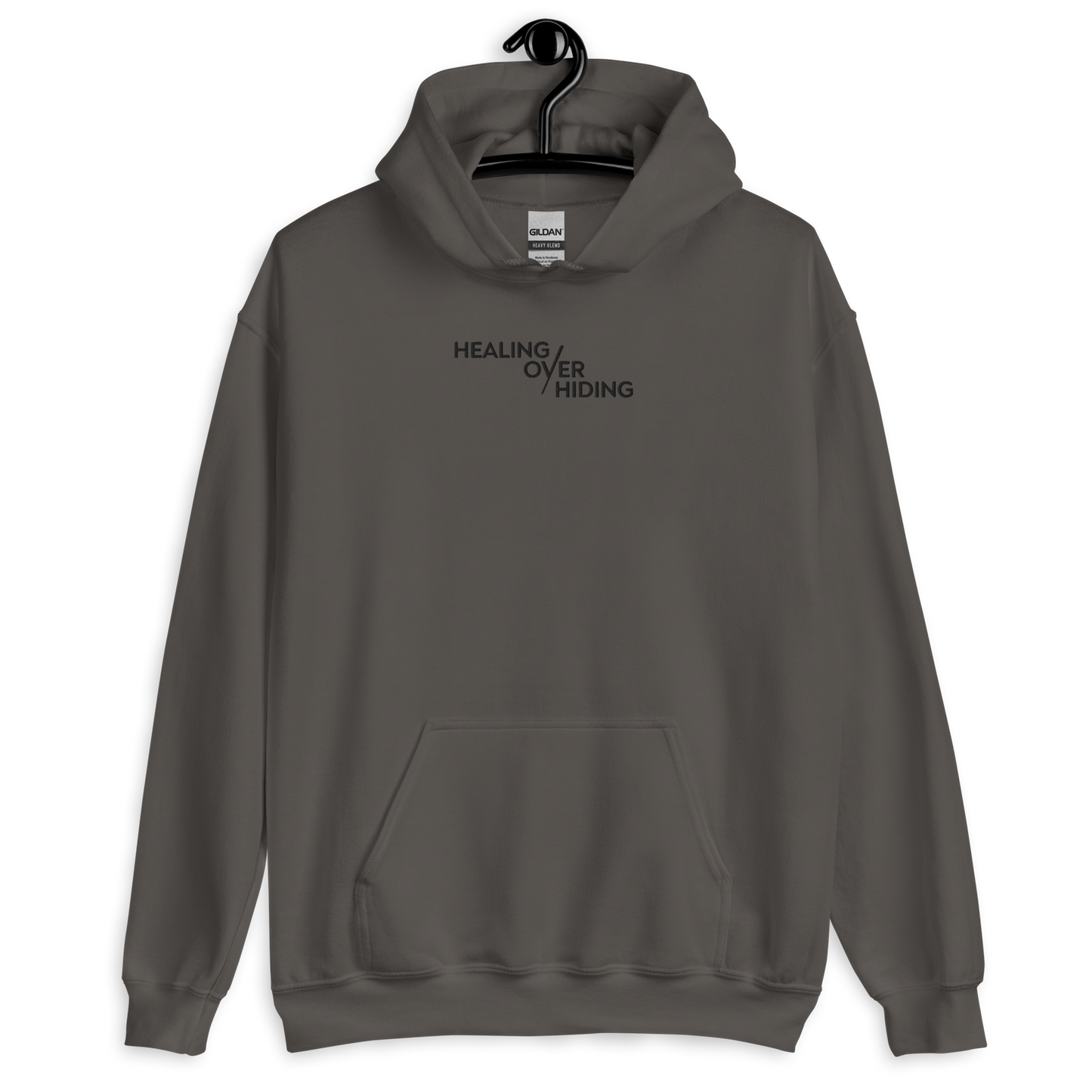 Healing Over Hiding Hoodie – Unisex Heavy Blend with Minimal Embroidery & Meaningful Back Design (Sand, Charcoal, Military Green)