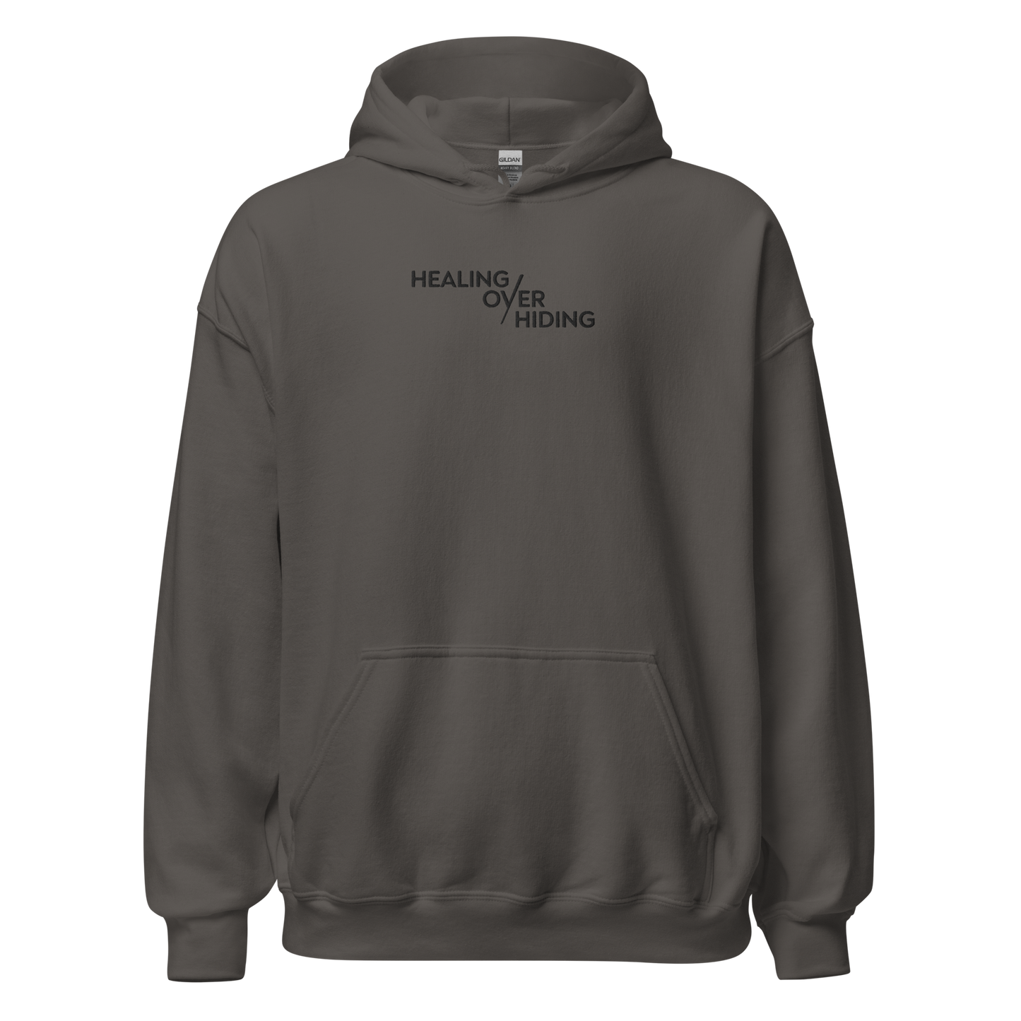 Healing Over Hiding Hoodie – Unisex Heavy Blend with Minimal Embroidery & Meaningful Back Design (Sand, Charcoal, Military Green)