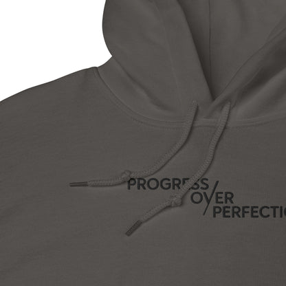 Progress Over Perfection Hoodie – Mental Health Supportive Unisex Heavy Blend Hoodie | Minimalist Embroidered Front + Meaningful Back Design (Sand, Charcoal, Military Green)