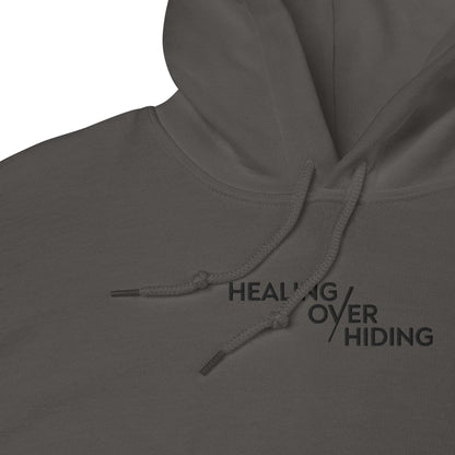 Healing Over Hiding Hoodie – Unisex Heavy Blend with Minimal Embroidery & Meaningful Back Design (Sand, Charcoal, Military Green)