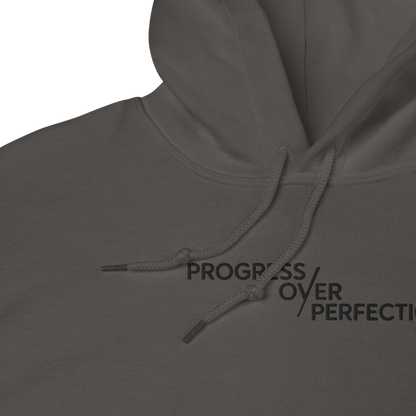Progress Over Perfection Hoodie – Mental Health Supportive Unisex Heavy Blend Hoodie | Minimalist Embroidered Front + Meaningful Back Design (Sand, Charcoal, Military Green)