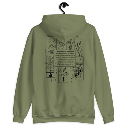 Progress Over Perfection Hoodie – Mental Health Supportive Unisex Heavy Blend Hoodie | Minimalist Embroidered Front + Meaningful Back Design (Sand, Charcoal, Military Green)
