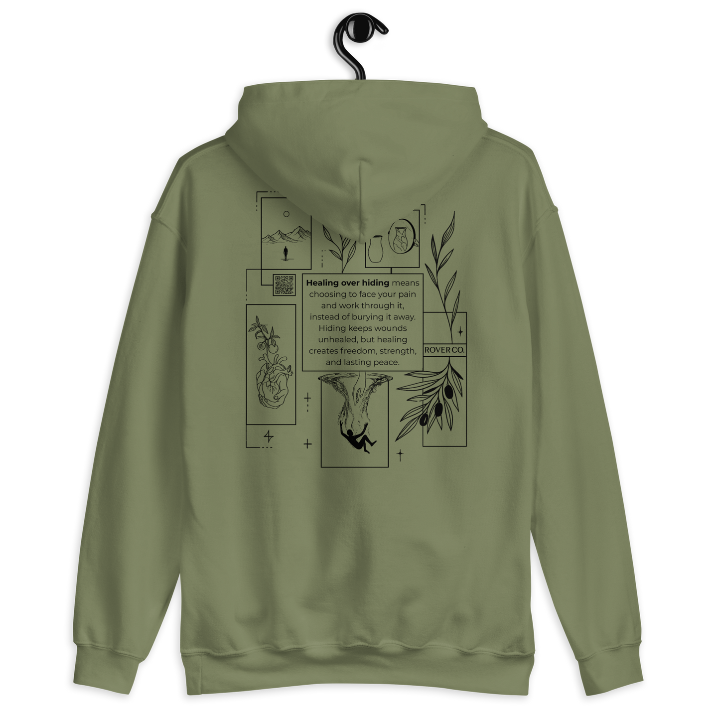 Healing Over Hiding Hoodie – Unisex Heavy Blend with Minimal Embroidery & Meaningful Back Design (Sand, Charcoal, Military Green)