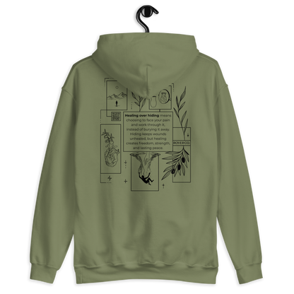 Healing Over Hiding Hoodie – Unisex Heavy Blend with Minimal Embroidery & Meaningful Back Design (Sand, Charcoal, Military Green)