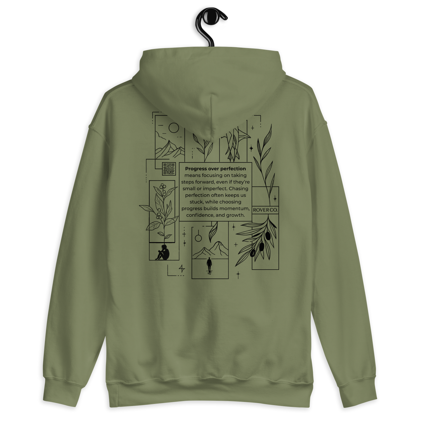 Progress Over Perfection Hoodie – Mental Health Supportive Unisex Heavy Blend Hoodie | Minimalist Embroidered Front + Meaningful Back Design (Sand, Charcoal, Military Green)