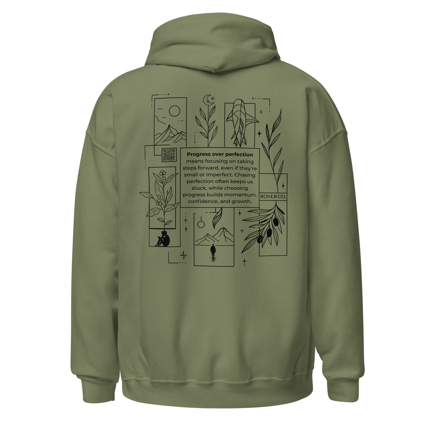 Progress Over Perfection Hoodie – Mental Health Supportive Unisex Heavy Blend Hoodie | Minimalist Embroidered Front + Meaningful Back Design (Sand, Charcoal, Military Green)