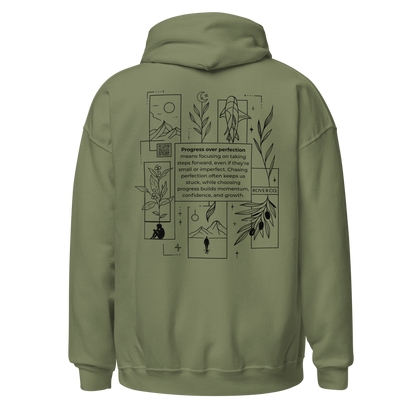 Progress Over Perfection Hoodie – Mental Health Supportive Unisex Heavy Blend Hoodie | Minimalist Embroidered Front + Meaningful Back Design (Sand, Charcoal, Military Green)