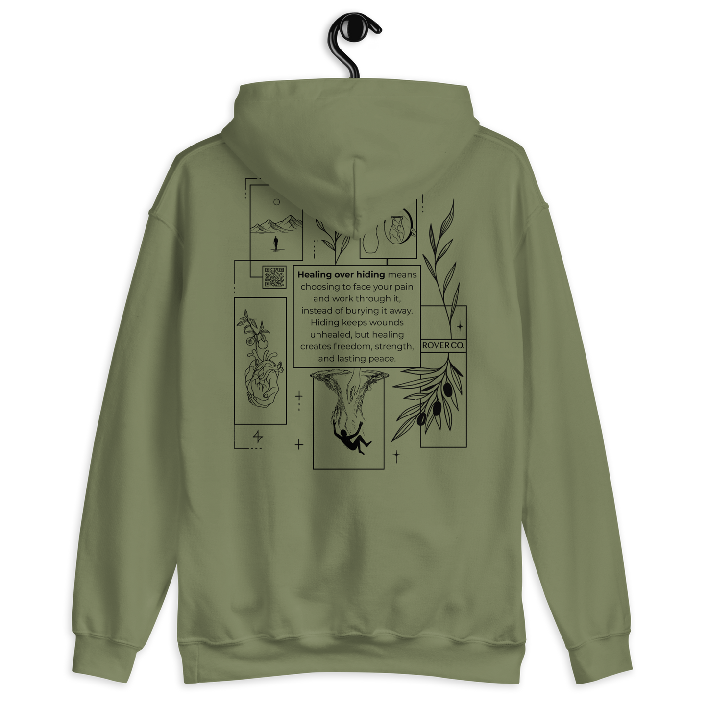 Healing Over Hiding Hoodie – Unisex Heavy Blend with Minimal Embroidery & Meaningful Back Design (Sand, Charcoal, Military Green)